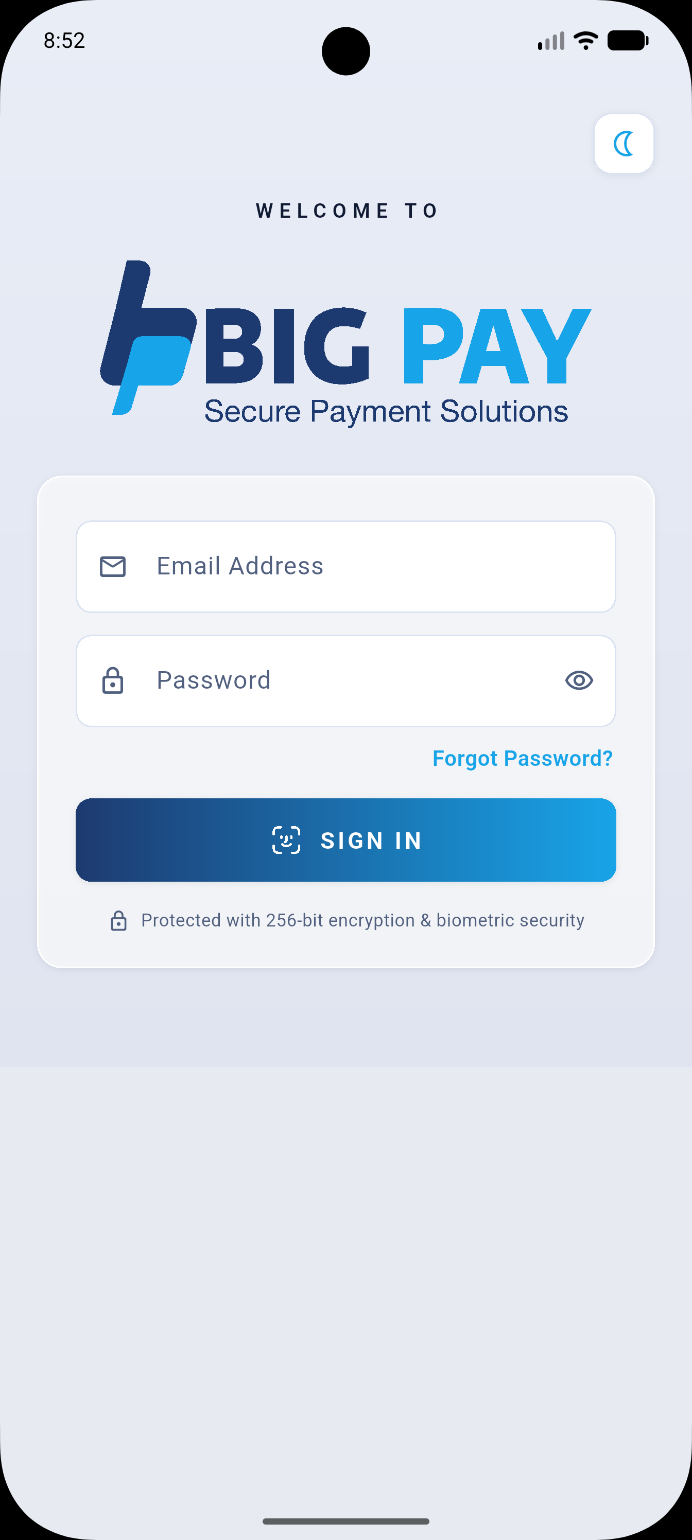 BigPay Application screen 1